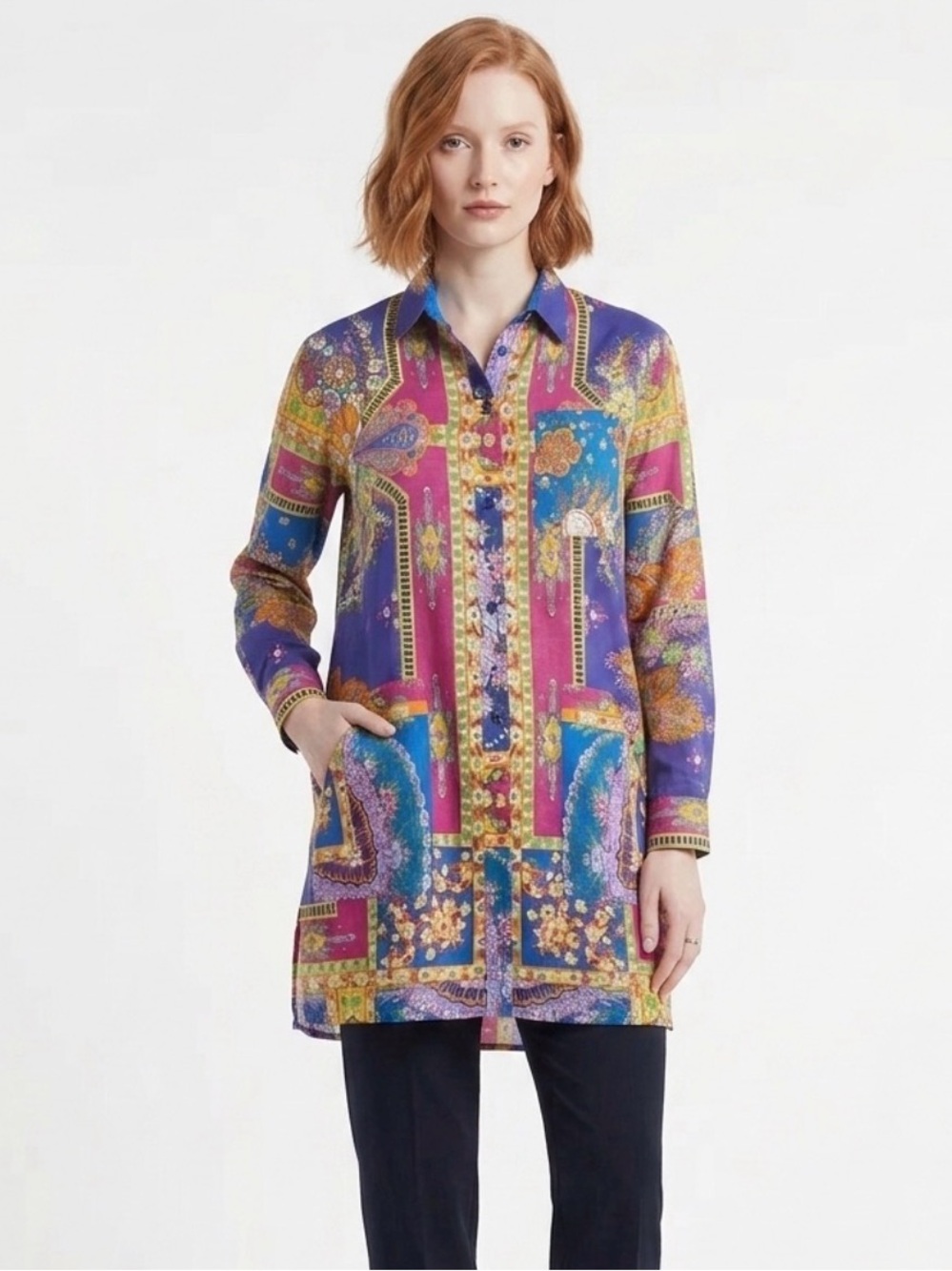 ETRO Milano Geometric Panel Floral Paisley Button Down Tunic Blouse 40IT/4US